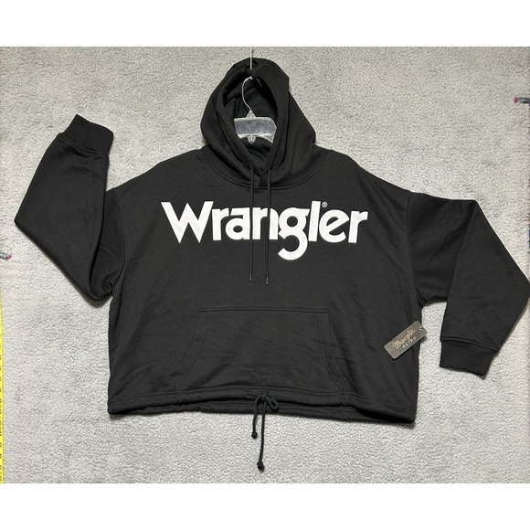 Wrangler Hoodie Womens Size 2XL Black Spell Out Cinched Cropped Retro Fleece - Picture 1 of 12